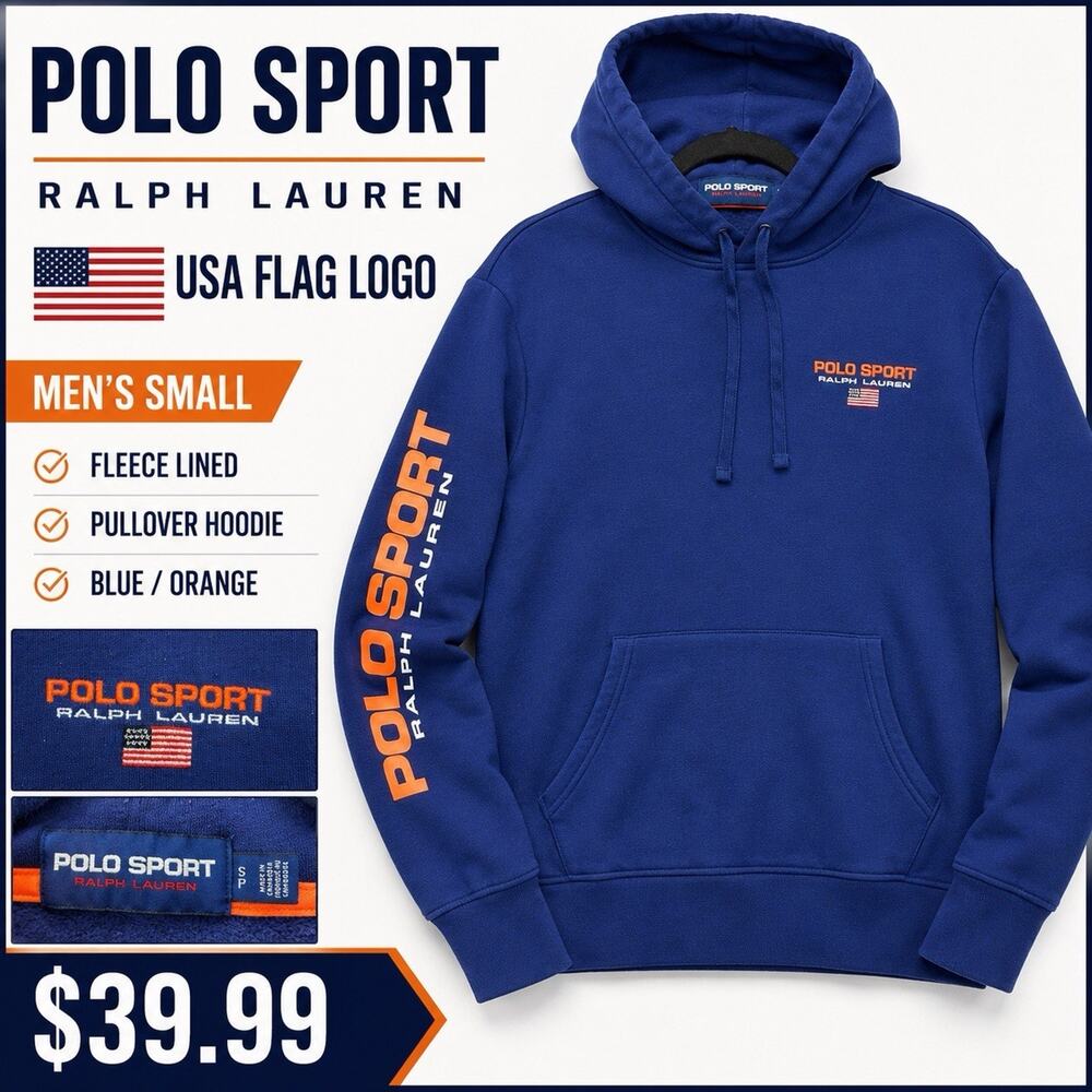 Polo Sport Hoodie Men’s Small Blue Pullover Fleece USA Flag Ralph Lauren